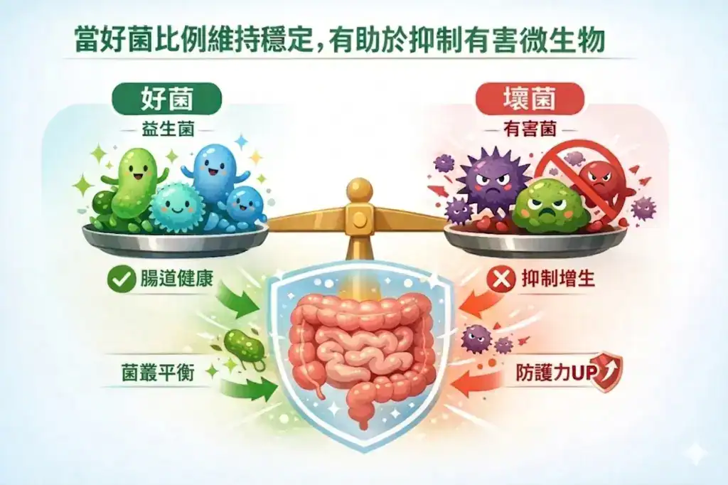當好菌比例維持穩定,有助於抑制有害微生物、改善部分脹氣