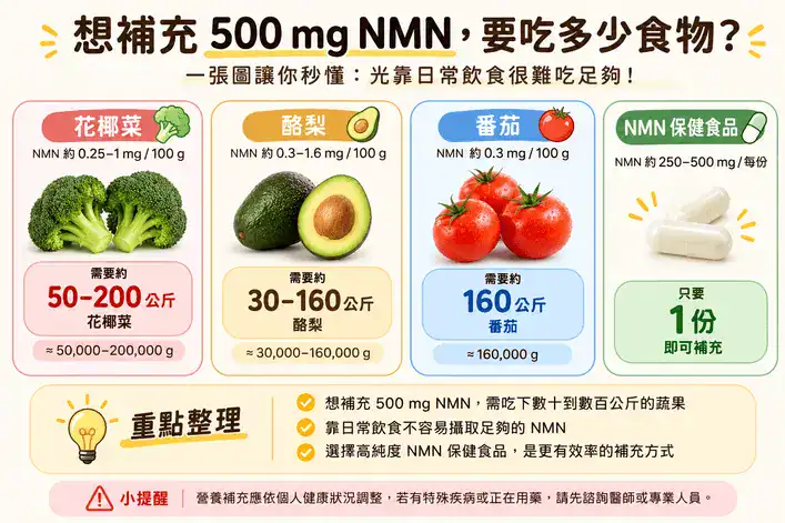 500mg NMN需要吃多少食物比較圖：花椰菜、酪梨、番茄攝取量