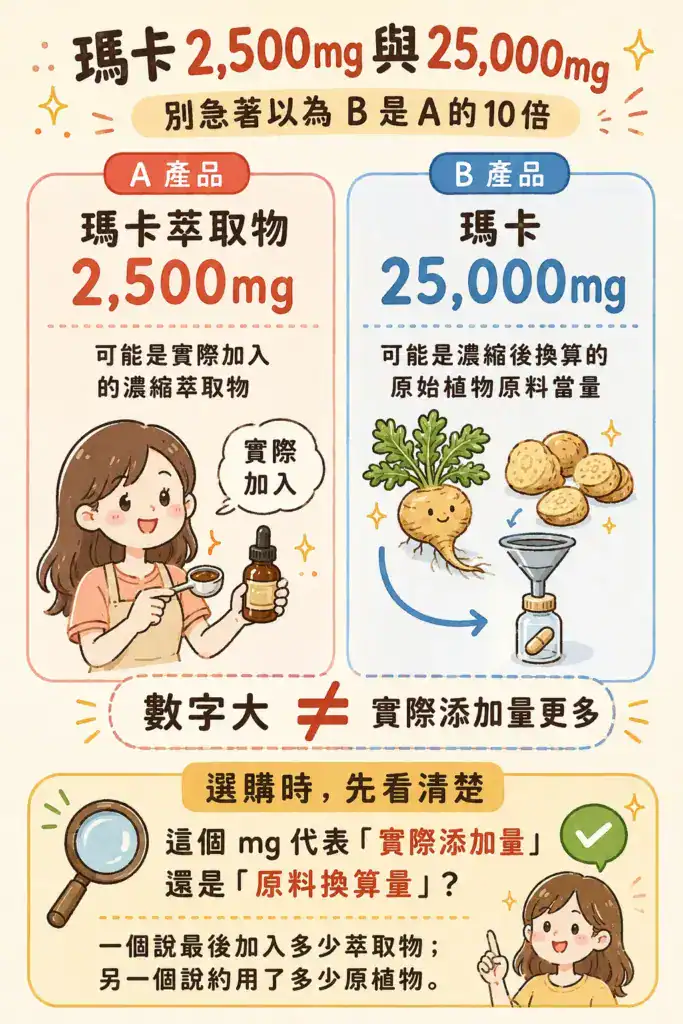 瑪卡 2,500mg 與 25,000mg 標示比較圖,說明實際添加的濃縮萃取物與原始植物原料當量不同,選購時應先確認毫克數代表的意義。