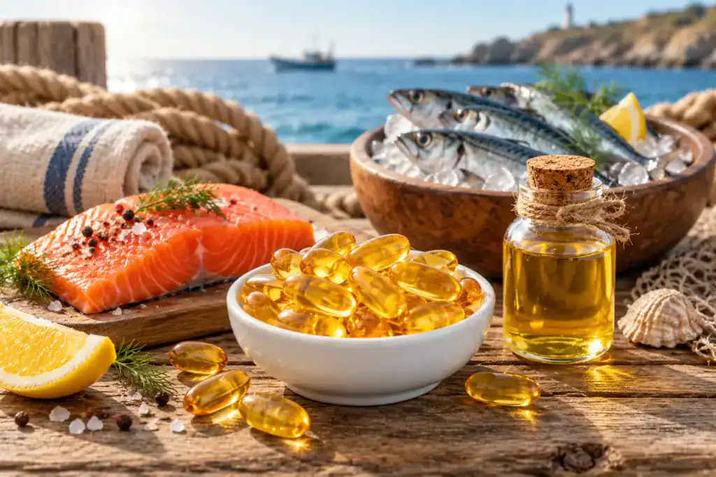 魚油膠囊、鮭魚與新鮮魚類擺放於海邊木桌上，呈現富含 Omega-3 脂肪酸的食物來源
